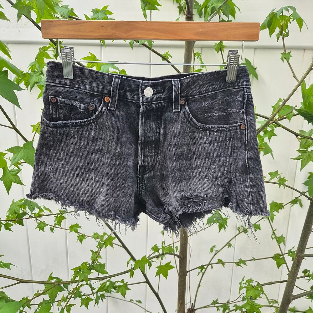 Levis Premium 501 Original Cutoff Denim Shorts Black Distressed Grunge 24